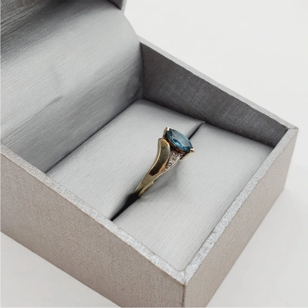 10k Solid Yellow Gold Marquise Shaped Blue Topaz & Diamond Accent Ring